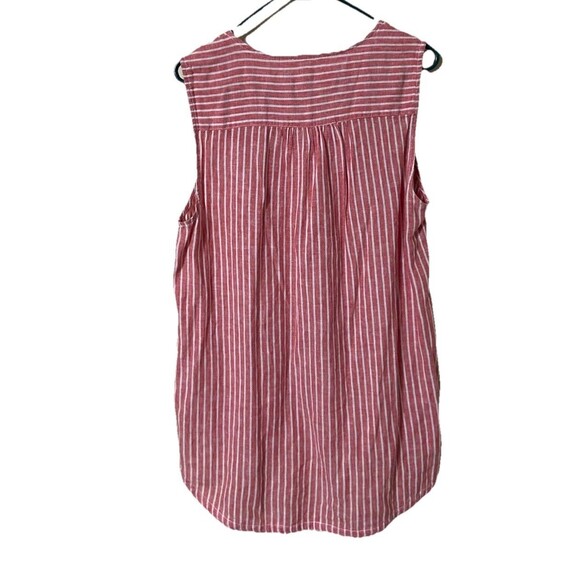 Beach Lunch Lounge Linen Cotton  Blouse Red with White Stripes Embroidered NeckL - Picture 3 of 6